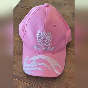 Harley Davidson Pink Women's Hat With White Rose And Flames Embroidery
